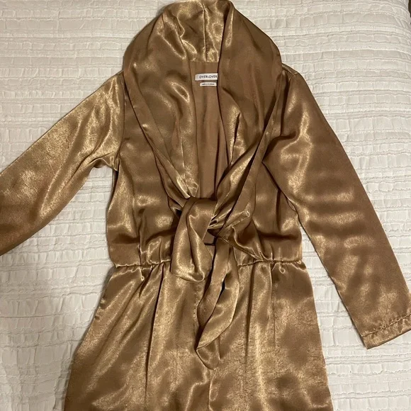 Overlover Stina Sienna Satin Georgette Draped Neckline Jumpsuit GOLD size Small - Picture 3 of 11